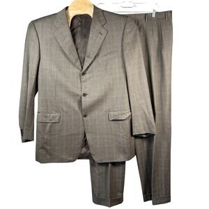 Canali 2 Piece Wool Suit Brown Plaid Jacket 56L & 38 Pant Italy Super 120s